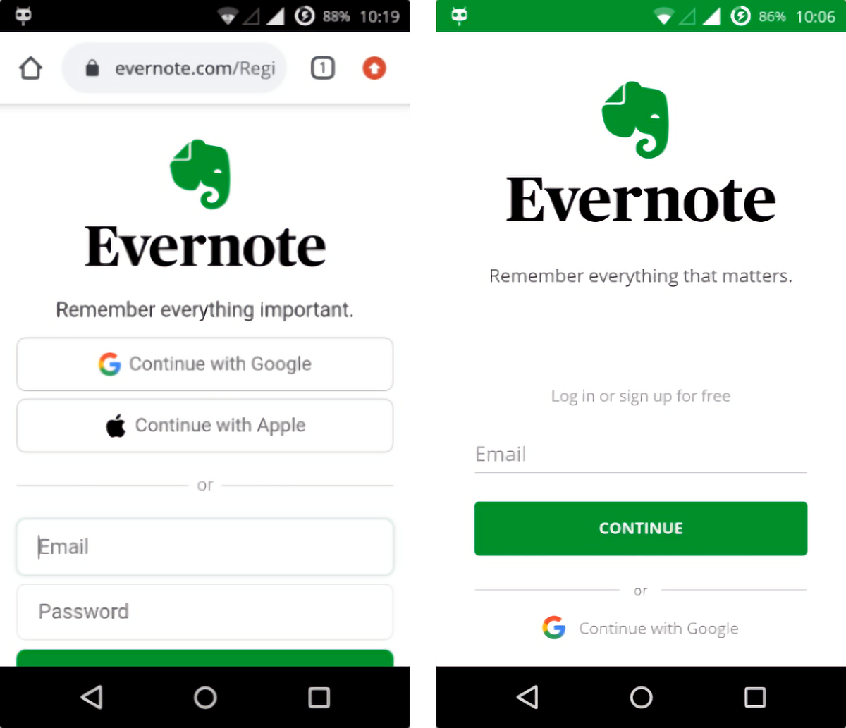 左侧为 Web 应用程序,右侧为原生应用程序。注意状态栏的颜色以及 Chrome 导航栏所占用的额外空间。
