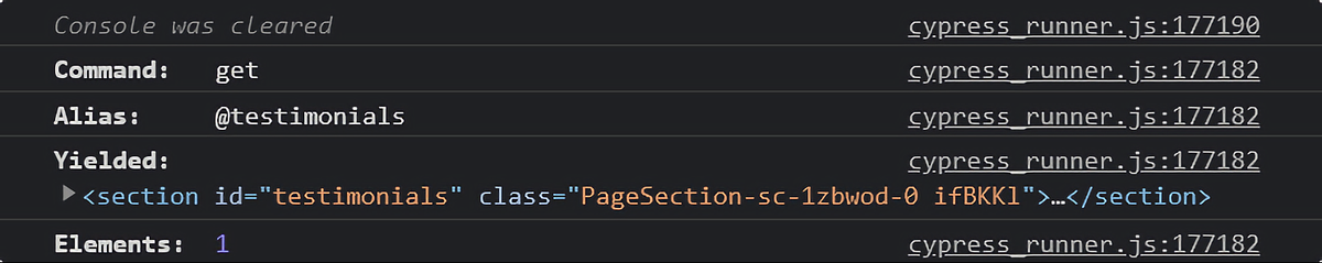 DevTools 控制台中记录的 'cy.get' 命令